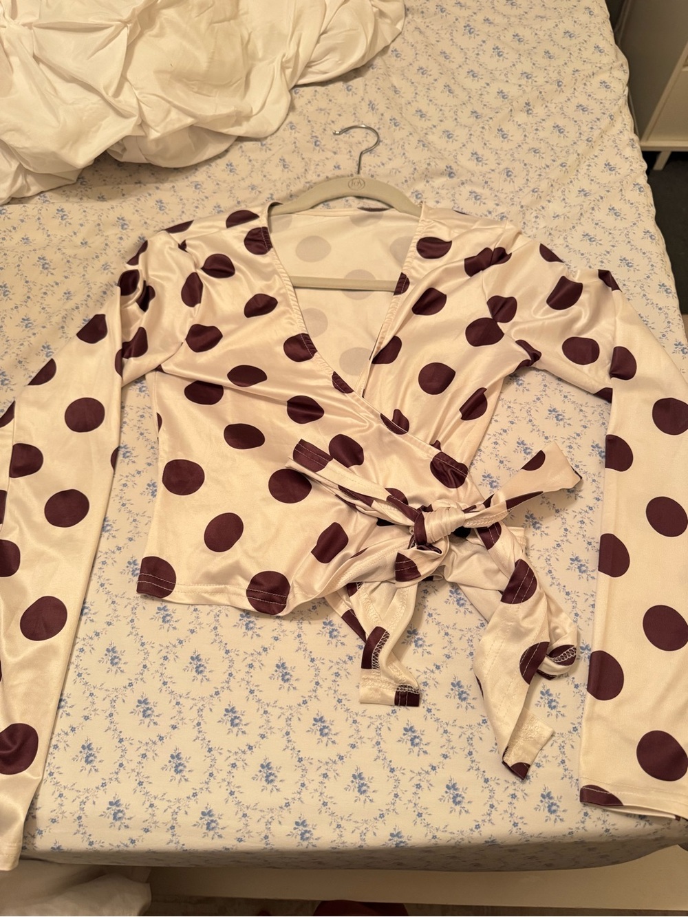 Polka Dot Wrap Long-Sleeve Top